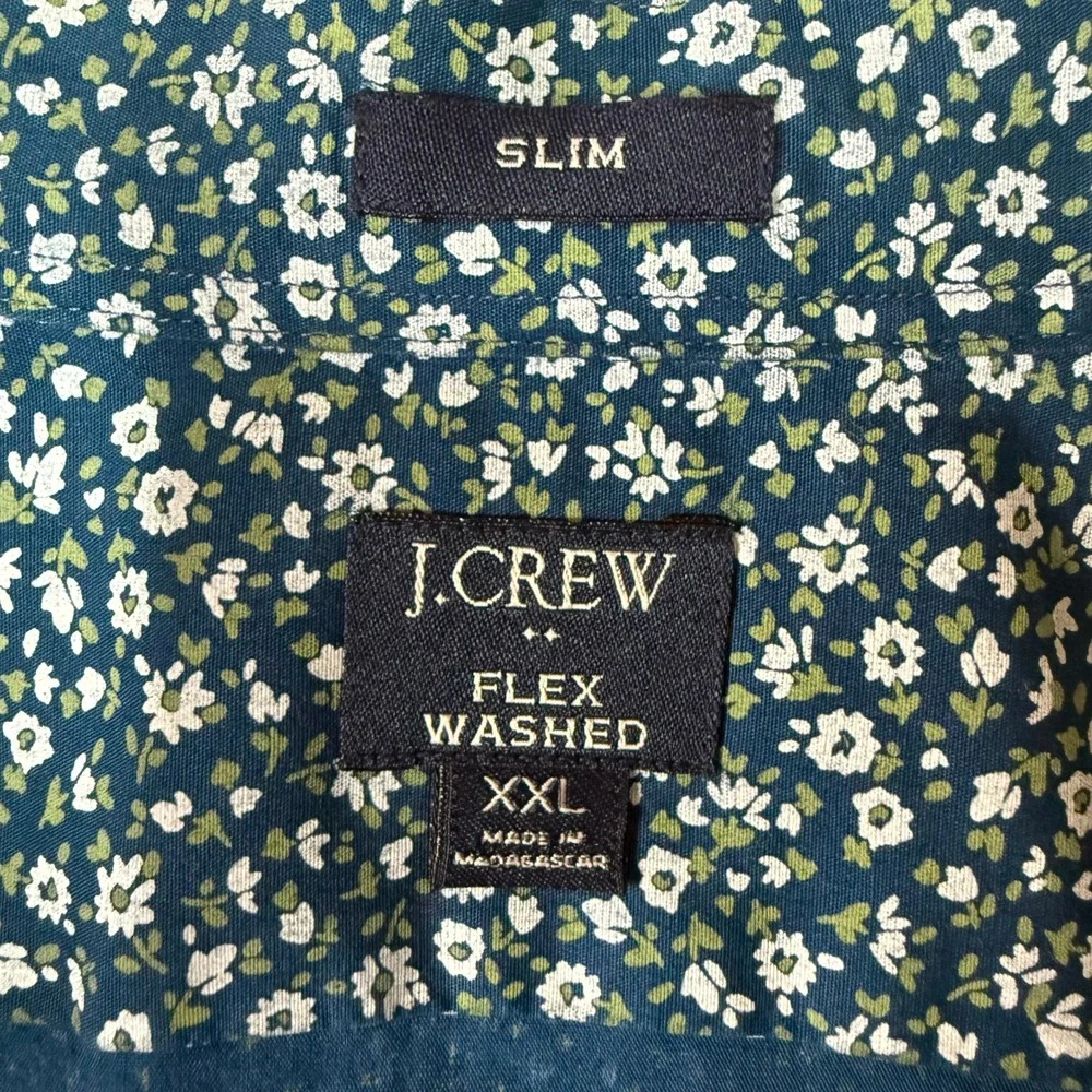 J Crew Flex Washed Shirt Mens XXL Teal Blue Floral Slim Fit Button Down BT240